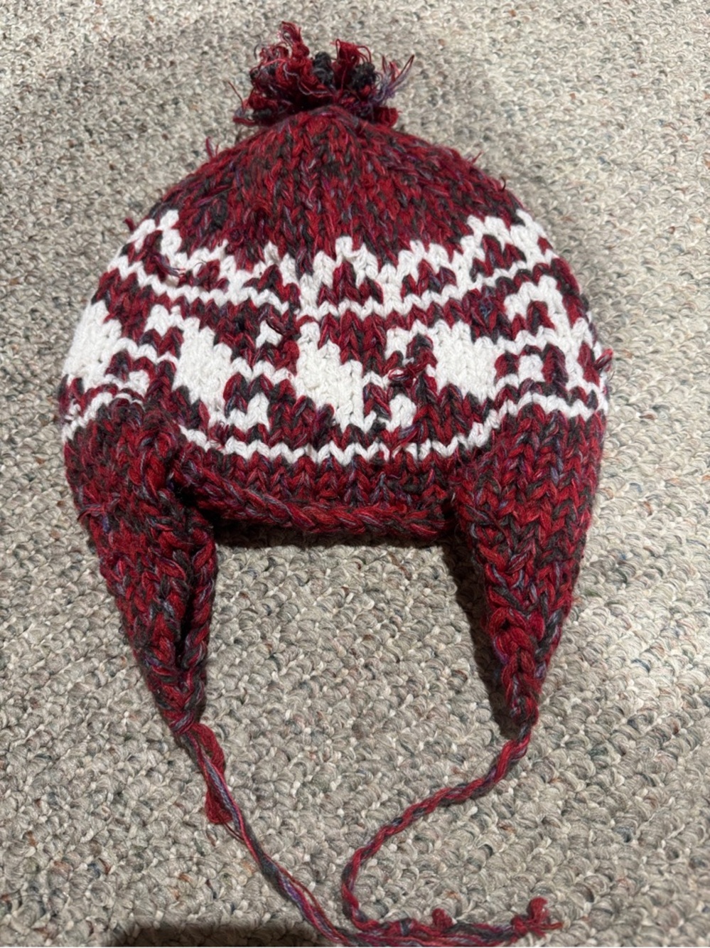 Knitted Earflap Pom Beanie in Maroon & White. Adorable.